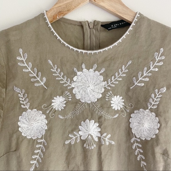 ZARA Embroidered Flower Linen Dress (Khaki/Tan) - Picture 3 of 5